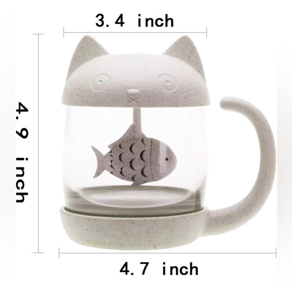 Cute Cat Glass Cup Tea Mug With Fish Tea Infuser Strainer Filter - Picture 13 of 13